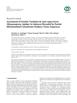 Assessment of Genetic Variation in Apis Nigrocincta (Hymenoptera: Apidae) in Sulawesi Revealed by Partial Mitochondrial Cytochrome Oxidase I Gene Sequences