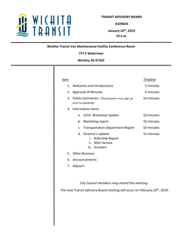 TRANSIT ADVISORY BOARD AGENDA January 16Th, 2019 10 A.M