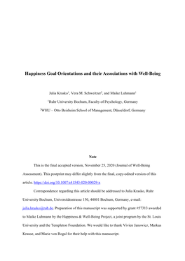 Happiness Goal Orientations and Their Associations with Well-Being