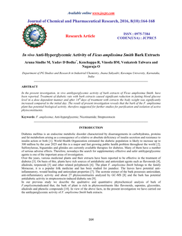 In Vivo Anti-Hyperglycemic Activity of Ficus Amplissima Smith Bark Extracts Aruna Sindhe M, Yadav D Bodke*, Kenchappa R, Vinoda BM, Venkatesh Talwara and Nagaraja O