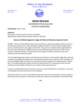 NEWS RELEASE GOVERNOR STEVE BULLOCK STATE of MONTANA for RELEASE: May 5, 2014