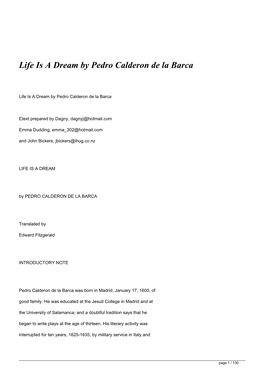 Life Is a Dream by Pedro Calderon De La Barca