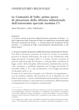 Le Comunità Di Valle: Prime Prove Di Attuazione Della Riforma Istituzionale Dell’Autonomia Speciale Trentina (*)