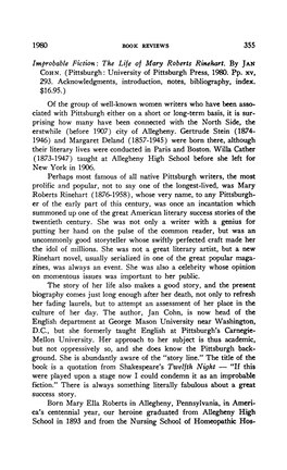 1980 Improbable Fiction: the Life of Mary Roberts Rinehart. by Jan Cohn. (Pittsburgh: University of Pittsburgh Press, 1980