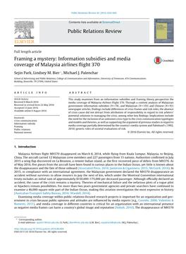 Framing a Mystery: Information Subsidies and Media Coverage of Malaysia Airlines Flight