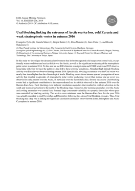 Ural Blocking Linking the Extremes of Arctic Sea-Ice Loss, Cold Eurasia and Weak Stratospheric Vortex in Autumn 2016