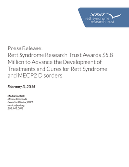 Rett Syndrome Research Trust Awards $5.8 Million to Advance the Development of Treatments and Cures for Rett Syndrome and MECP2 Disorders