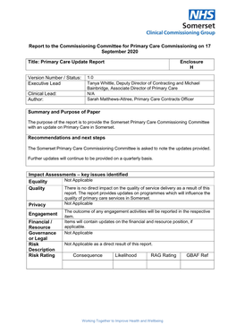 Report to the Commissioning Committee for Primary Care Commissioning on 17 September 2020 Title