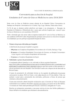 Convocatoria Para a Elección De Hospital Estudantes De 6º Curso Do Grao En Medicina No Curso 2018-2019