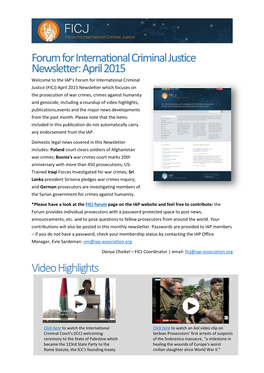 Forum for International Criminal Justice Newsletter: April 2015