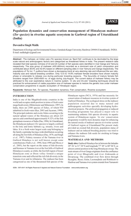 Population Dynamics and Conservation Management of Himalayan Mahseer (Tor Species) in Riverine Aquatic Ecosystem in Garhwal Region of Uttarakhand (India)