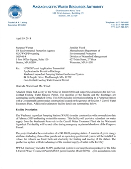 Wachusett Aqueduct Pumping Station Geothermal System 84 D'angelo Drive, Marlborough, MA 01752 Non-Contact Cooling Water General Permit