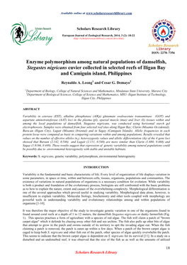 Enzyme Polymorphism Among Natural Populations of Damselfish, Stegastes Nigricans Cuvier Collected in Selected Reefs of Iligan Bay and Camiguin Island, Philippines