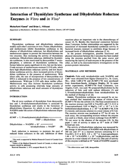 Interaction of Thymidylate Synthetase and Dihydrofolate Reductase Enzymes in Vitro and in Vivo'