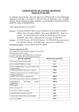 COMPTE RENDU DU CONSEIL MUNICIPAL Séance Du 21 Mai 2021