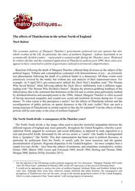 The Effects of Thatcherism in the Urban North of England Mark Bailoni