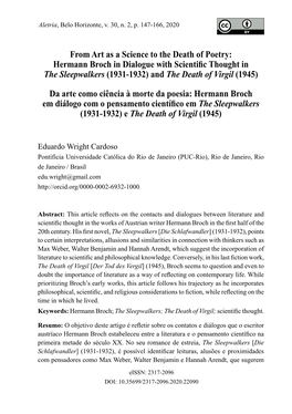 From Art As a Science to the Death of Poetry: Hermann Broch in Dialogue with Scientific Thought in the Sleepwalkers (1931-1932) and the Death of Virgil (1945)