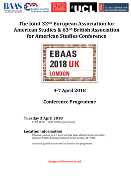 The Joint 32Nd European Association for American Studies & 63Rd British Association for American Studies Conference