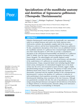 Specializations of the Mandibular Anatomy and Dentition of Segnosaurus Galbinensis (Theropoda: Therizinosauria)