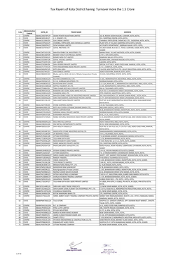 Tax Payers of Kota District Having Turnover More the 1.5 Crore