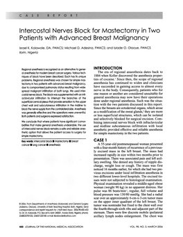 Intercostal Nerves Block for Mastectomy in Two Patients with Advanced Breast Malignancy