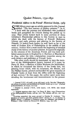Quaker Printers, 1750-1850 Presidential Address to The