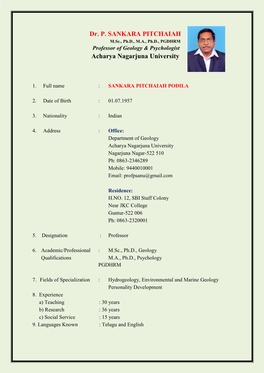 Dr. P. SANKARA PITCHAIAH Acharya Nagarjuna University