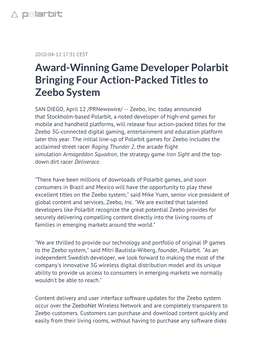 Award-Winning Game Developer Polarbit Bringing Four Action-Packed Titles to Zeebo System