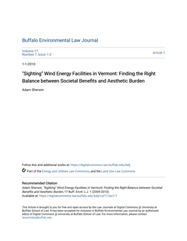 "Sighting" Wind Energy Facilities in Vermont: Finding the Right Balance Between Societal Benefits and Aesthetic Burden