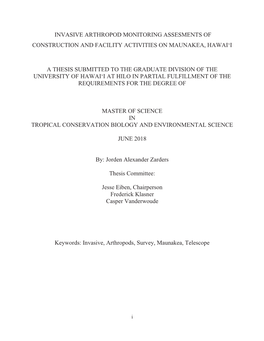 Invasive Arthropod Monitoring Assesments of Construction and Facility Activities on Maunakea, Hawai‘I