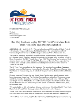 Red Clay Ramblers to Play 2017 Ol' Front Porch Music Fest; Dom Flemons to Open October Celebration