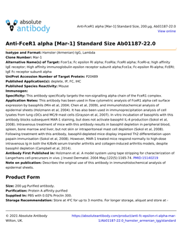 Anti-Fcer1 Alpha [Mar-1] Standard Size, 200 Μg, Ab01187-22.0 View Online