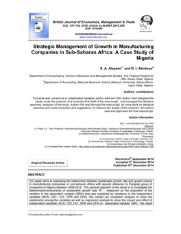 Strategic Management of Growth in Manufacturing Companies in Sub-Saharan Africa: a Case Study of Nigeria