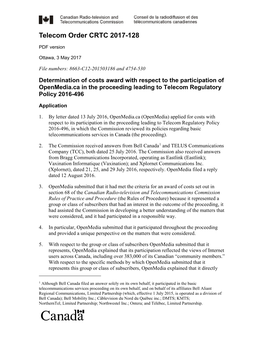 Determination of Costs Award with Respect to the Participation of Openmedia.Ca in the Proceeding Leading to Telecom Regulatory Policy 2016-496