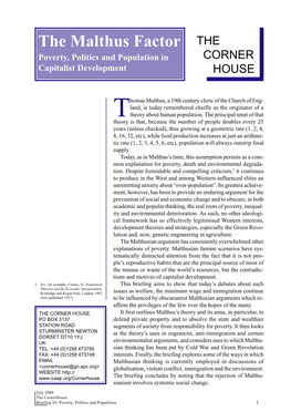 The Malthus Factor the Poverty, Politics and Population in CORNER Capitalist Development HOUSE