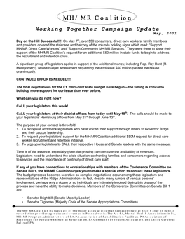 Working Together Campaign Update May, 2001