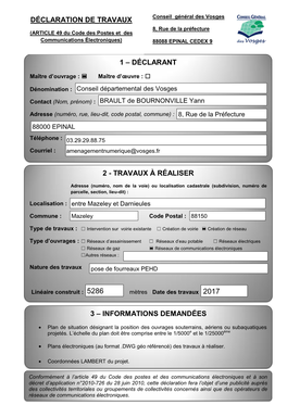 DÉCLARATION DE TRAVAUX Conseil Général Des Vosges