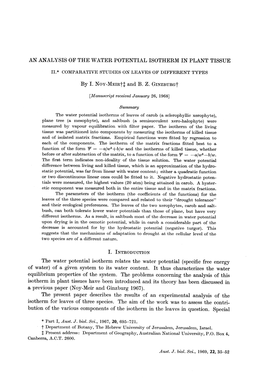 An Analysis of the Water Potential Isotherm in Plant Tissue