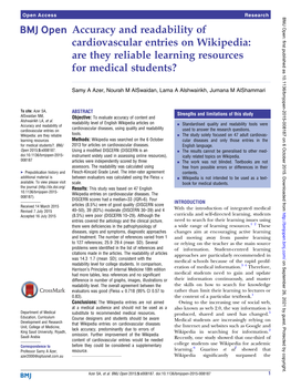 Accuracy and Readability of Cardiovascular Entries on Wikipedia: Are They Reliable Learning Resources for Medical Students?