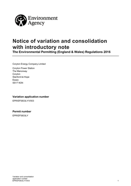 Notice of Variation and Consolidation with Introductory Note the Environmental Permitting (England & Wales) Regulations 2016