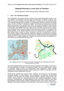 Belgrade Planning in a New Cycle of Transition 48Th ISOCARP Congress 2012