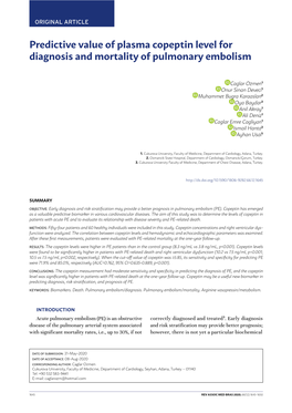 Predictive Value of Plasma Copeptin Level for Diagnosis and Mortality of Pulmonary Embolism