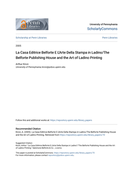 La Casa Editrice Belforte E L'arte Della Stampa in Ladino/The Belforte Publishing House and the Art of Ladino Printing