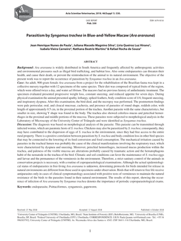 Parasitism by Syngamus Trachea in Blue-And-Yellow Macaw (Ara Ararauna)