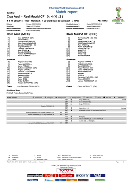 Semi-Final Match Report Cruz Azul - Real Madrid CF 0 : 4 ( 0 : 2 ) # 4 16 DEC 2014 19:30 Marrakech / Le Grand Stade De Marrakech / MAR Att: 34,862