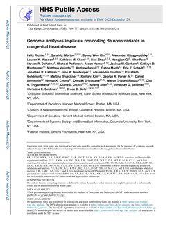 Genomic Analyses Implicate Noncoding De Novo Variants in Congenital Heart Disease