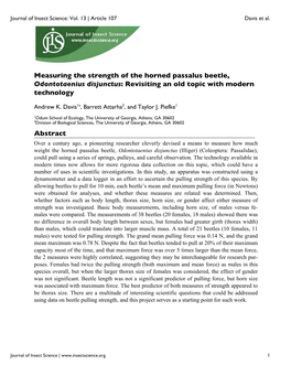 Measuring the Strength of the Horned Passalus Beetle, Odontotaenius Disjunctus: Revisiting an Old Topic with Modern Technology