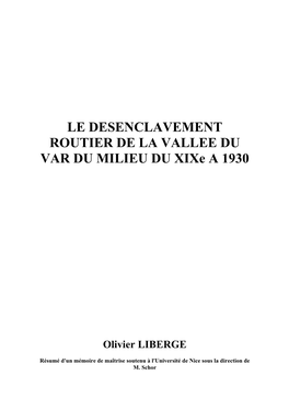 LE DESENCLAVEMENT ROUTIER DE LA VALLEE DU VAR DU MILIEU DU Xixe a 1930