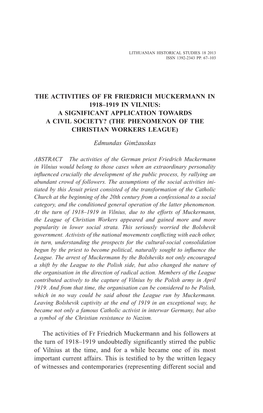 The Activities of Fr Friedrich Muckermann in 1918–1919 in Vilnius: a Significant Application Towards a Civil Society? (The Phenomenon of the Christian Workers League)