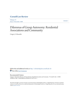 Dilemmas of Group Autonomy: Residential Associations and Community Gregory S